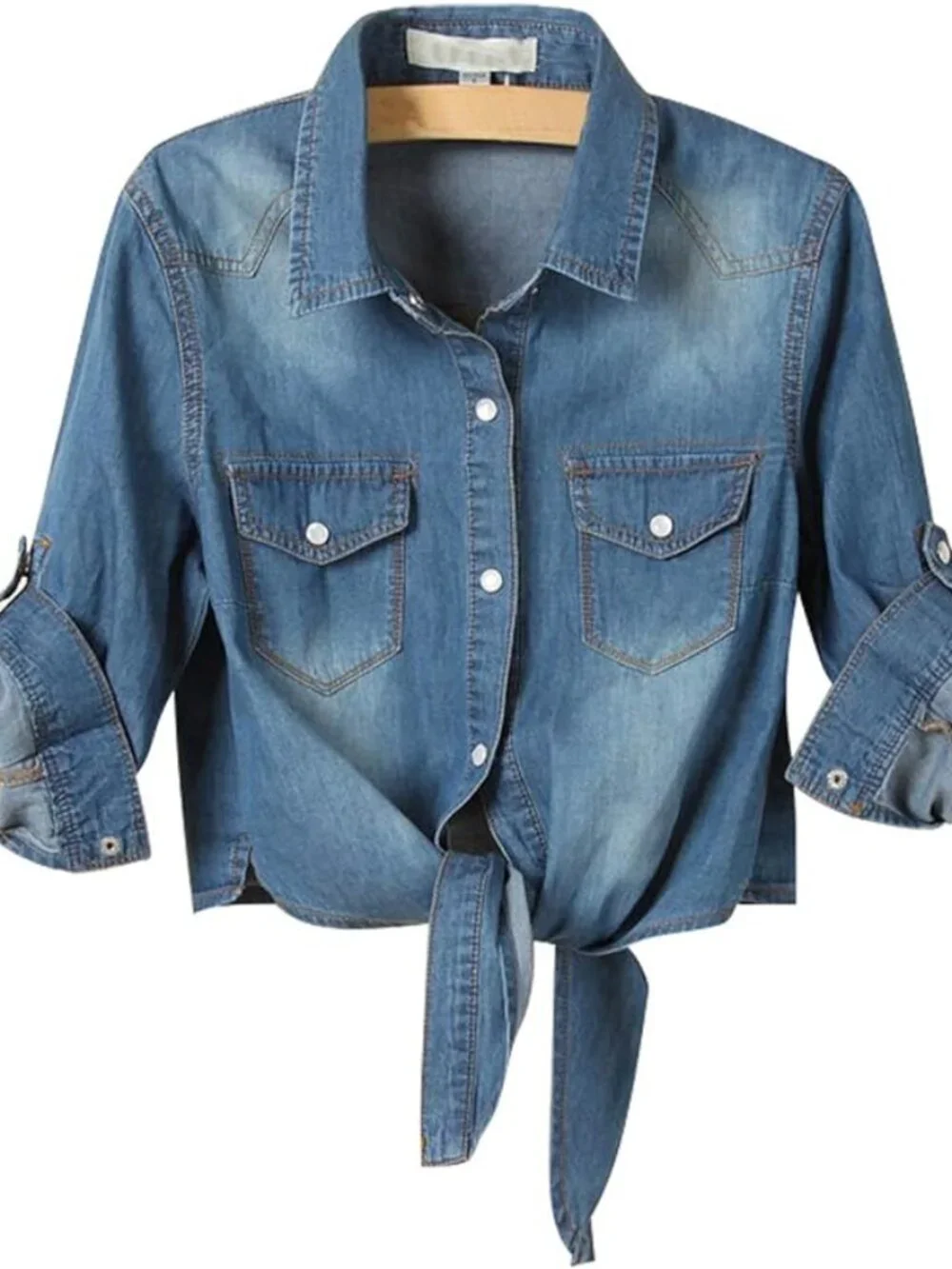 Women's Blue Denim Tie-Front Shirt - Picture 1 of 3